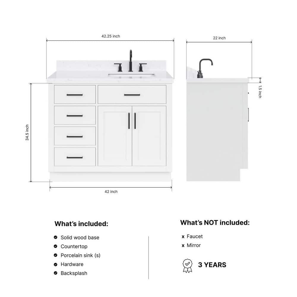 Ariel T042srcqrvo Hepburn 42" Free Standing Single Basin Vanity Set - White