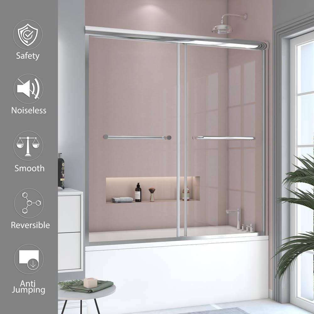 60 in. W x 62 in. H Framed Sliding Bath Tub Door in Bright Silver with 5/16 in. Tempered Clear Glass