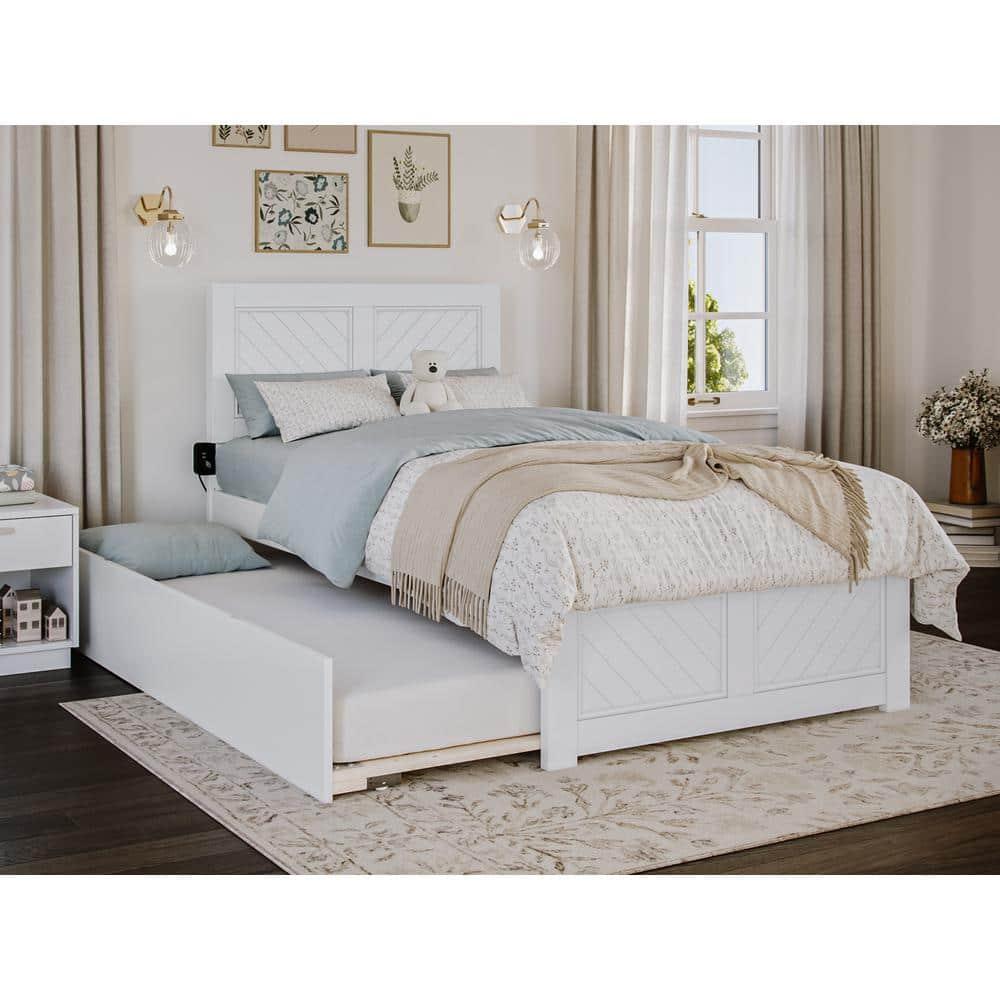 HAOYUN Canyon Twin XL Farmhouse Solid Wood Platform Bed with Footboard & Twin XL Trundle, White