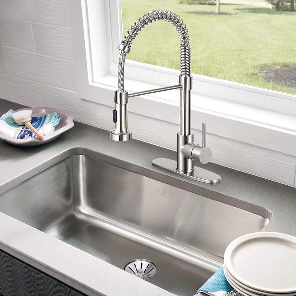 1-Handle Pull Down Sprayer Kitchen Faucet Spring Stainless Steel Kitchen Sink Faucet in Brushed Nickel