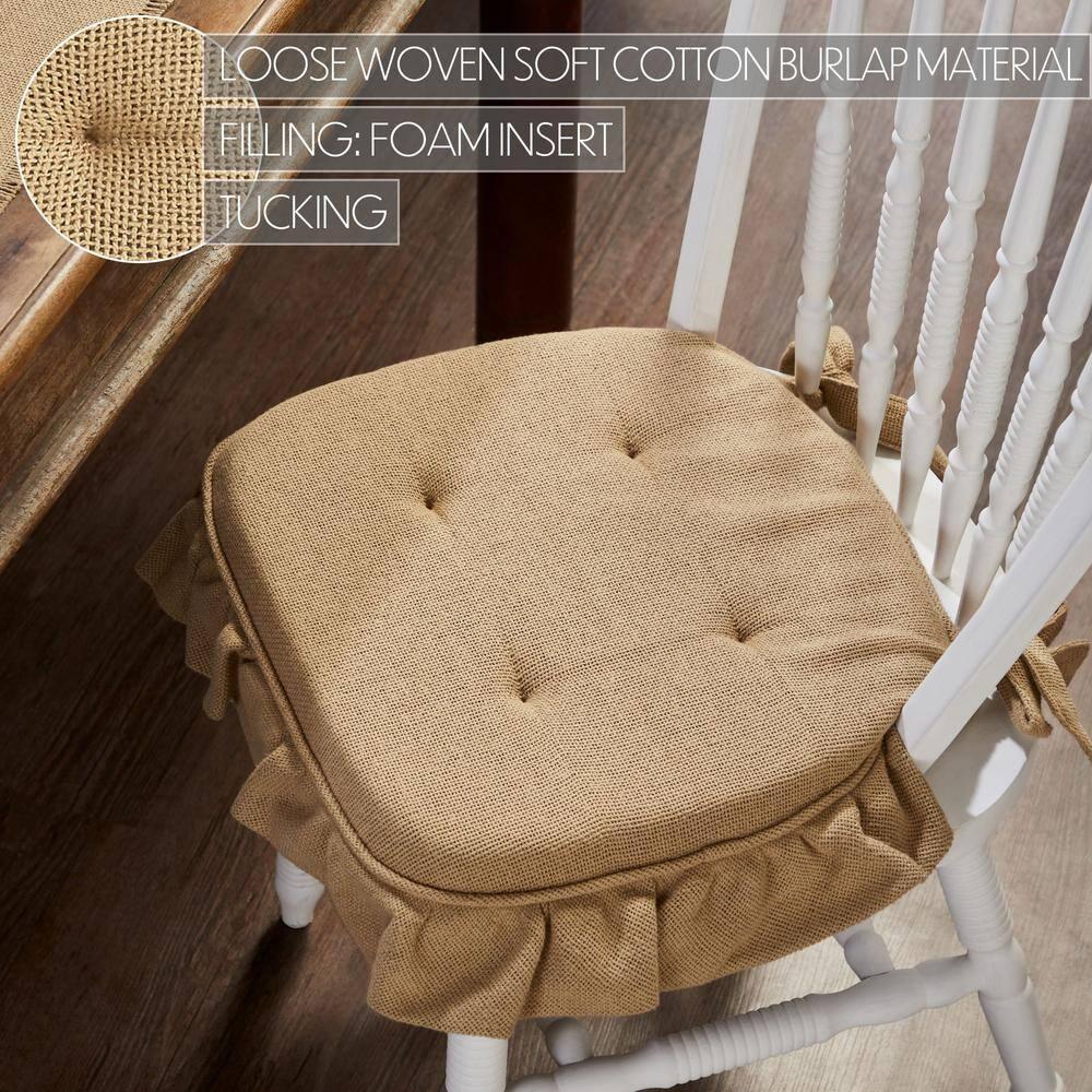 VHC Brands Chair Pad 16.5x18, Cotton Dining Room, Kitchen Chair Pads, Seat Cushion with Ties, Tucked, Burlap Natural Collection, Rectangle 16.5x18, Natural