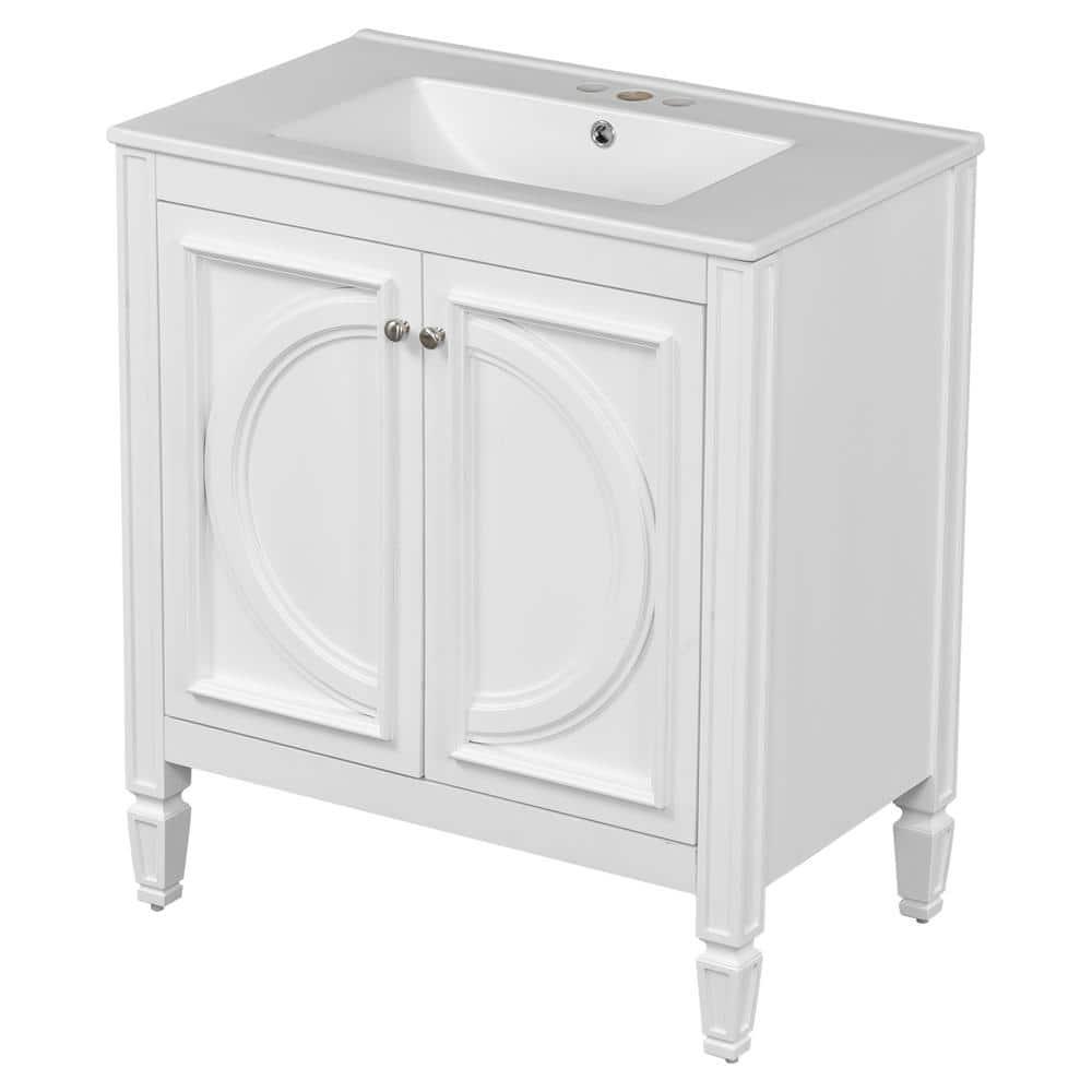 Christopher Knight Home Alison 30" Modern Rubberwood Bathroom Vanity with Ceramic Sink, Shelves and Drawer, White