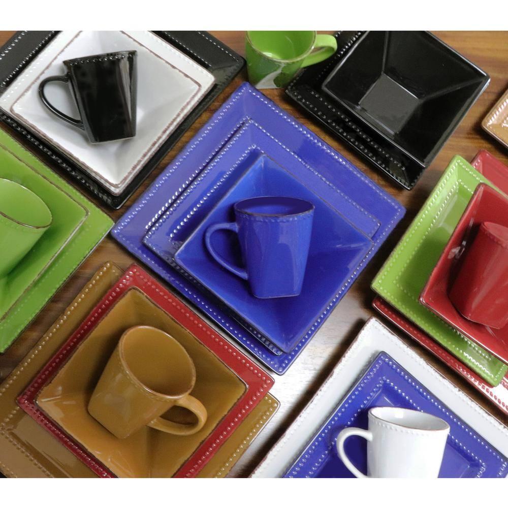 Lorren Home Trends 16 Piece Square Beaded Stoneware Dinnerware set, service for 4, Black