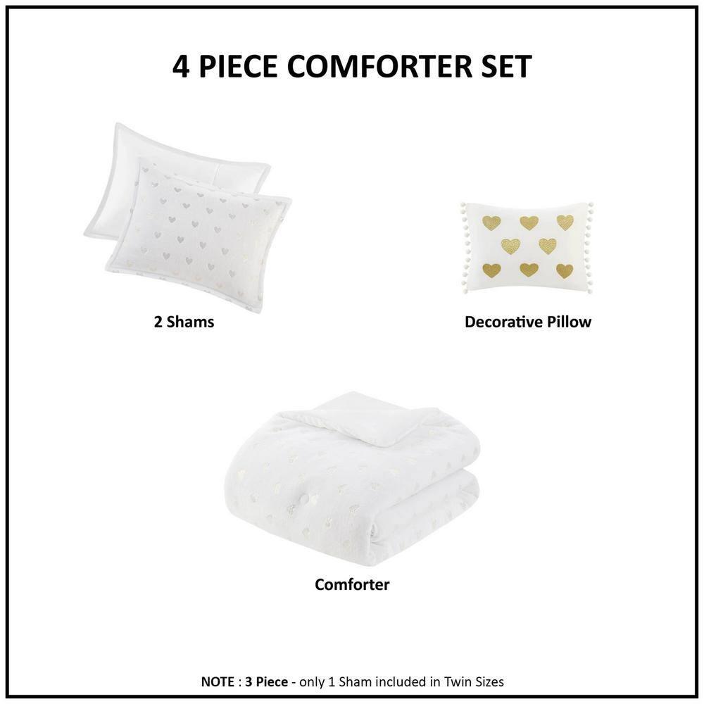 Mi Zone Full/Queen Audrey Metallic Print Plush Microfiber Soft Comforter Set with Throw Pillow White: Hypoallergenic, Transitional Style