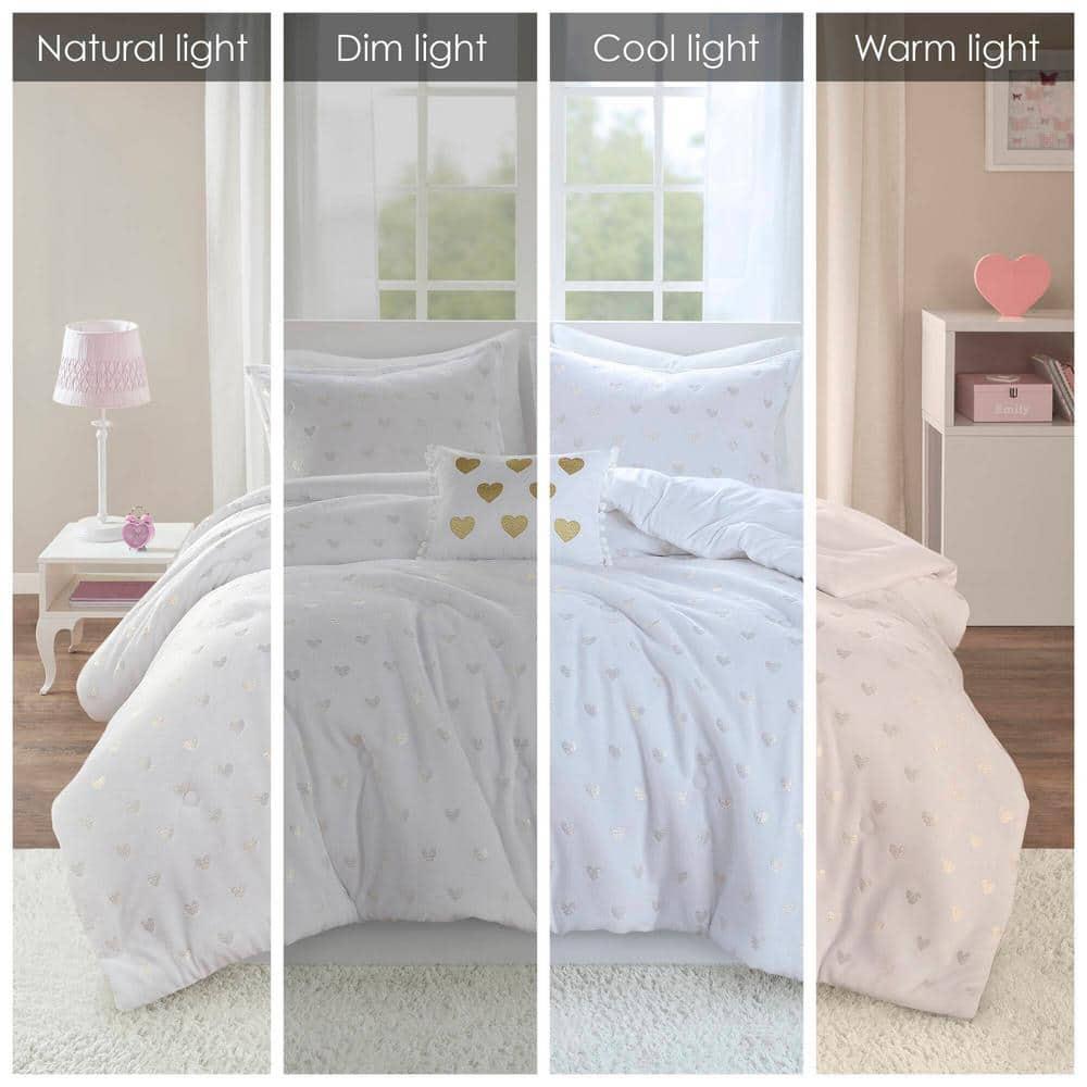 Mi Zone Full/Queen Audrey Metallic Print Plush Microfiber Soft Comforter Set with Throw Pillow White: Hypoallergenic, Transitional Style