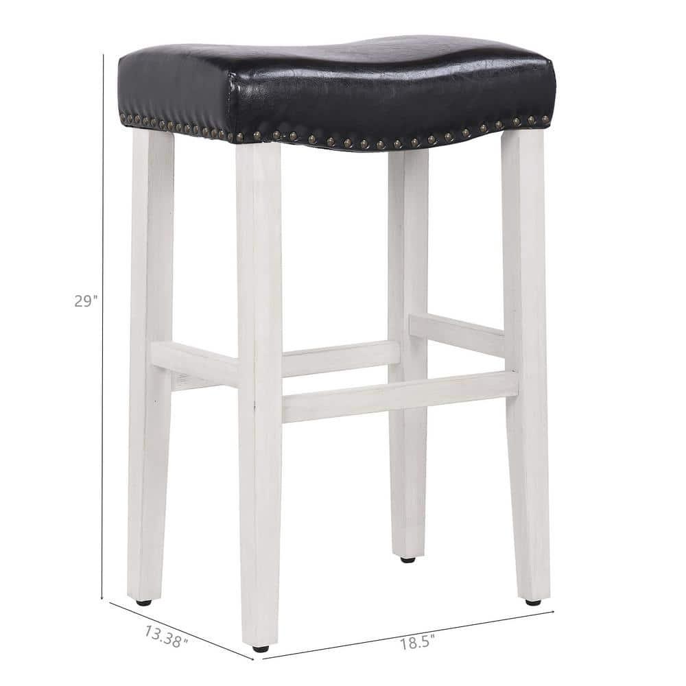 Polytrends Jameson Upholstered Polyester 29" Bar Stool - Saddle Seat/ White Legs Antique White/Black