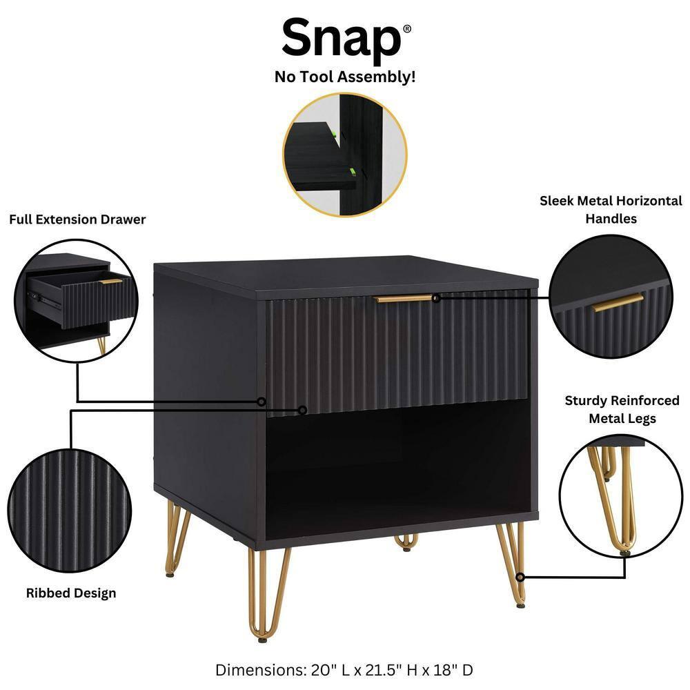 Manhattan Comfort Dumbo Nightstand with Drawer Black: Modern Design, Splayed Metal Legs, Soft Close Storage