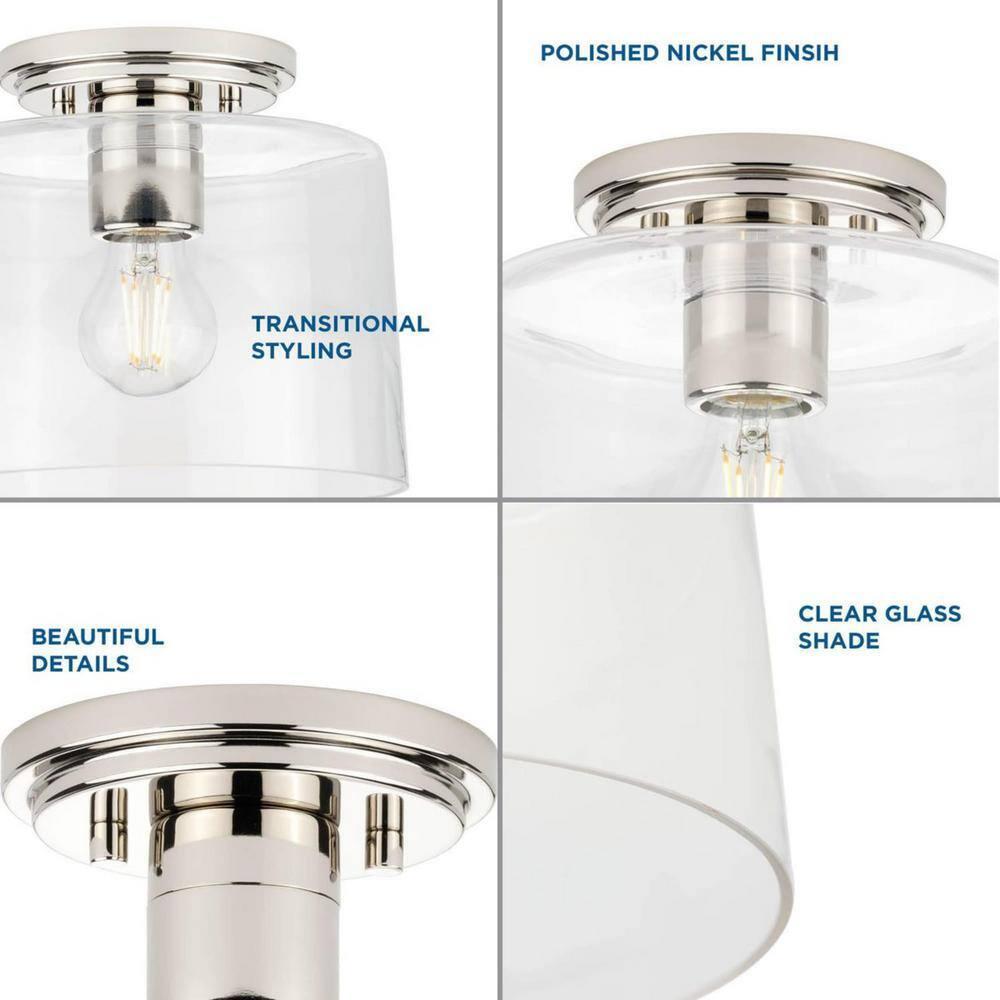 Progress Lighting, Adley Collection, 1-Light Flush Mount, Polished Nickel, Clear Glass Shade