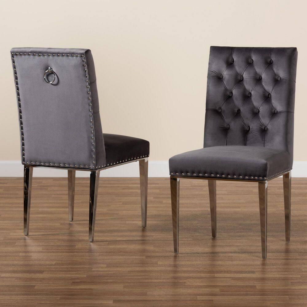 Baxton Studio Caspera Contemporary Glam and Luxe Grey Velvet Fabric and Silver Metal 2-Piece Dining Chair Set