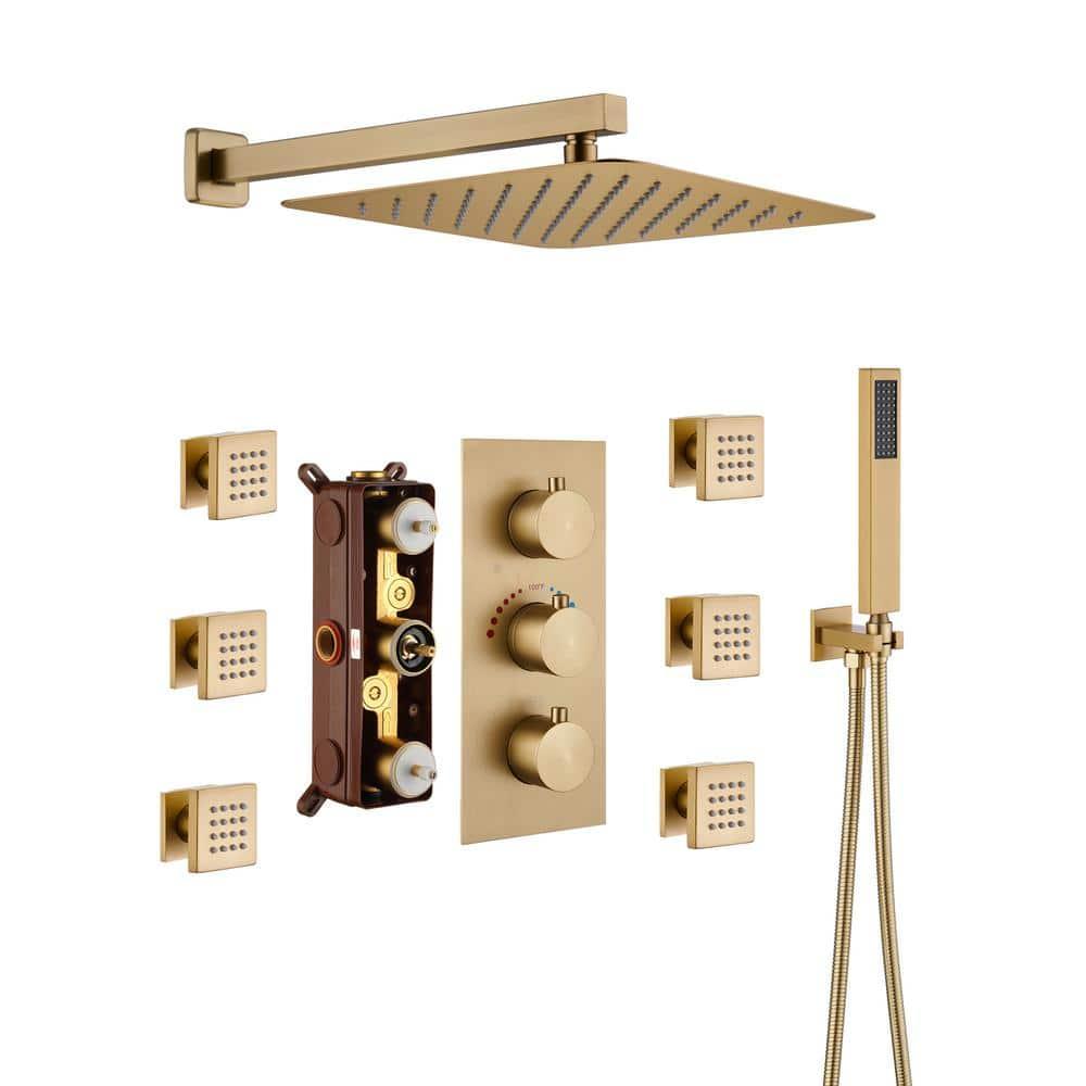 3 Functions Wall Mount Thermostatic Complete Shower System with 6 Body Jets, Rough-in Valve
