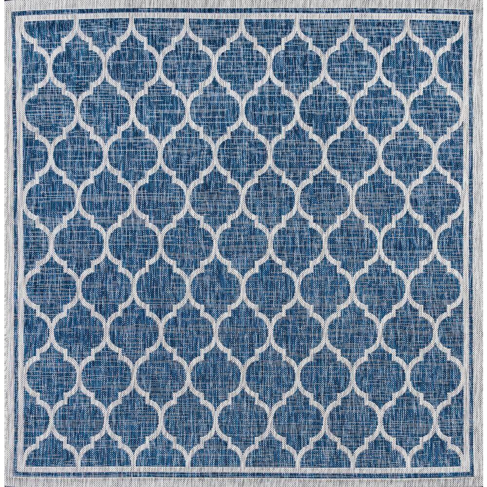 5' Square Trebol Moroccan Trellis Textured Weave Indoor/Outdoor Area Rug, Navy/Gray - JONATHAN Y