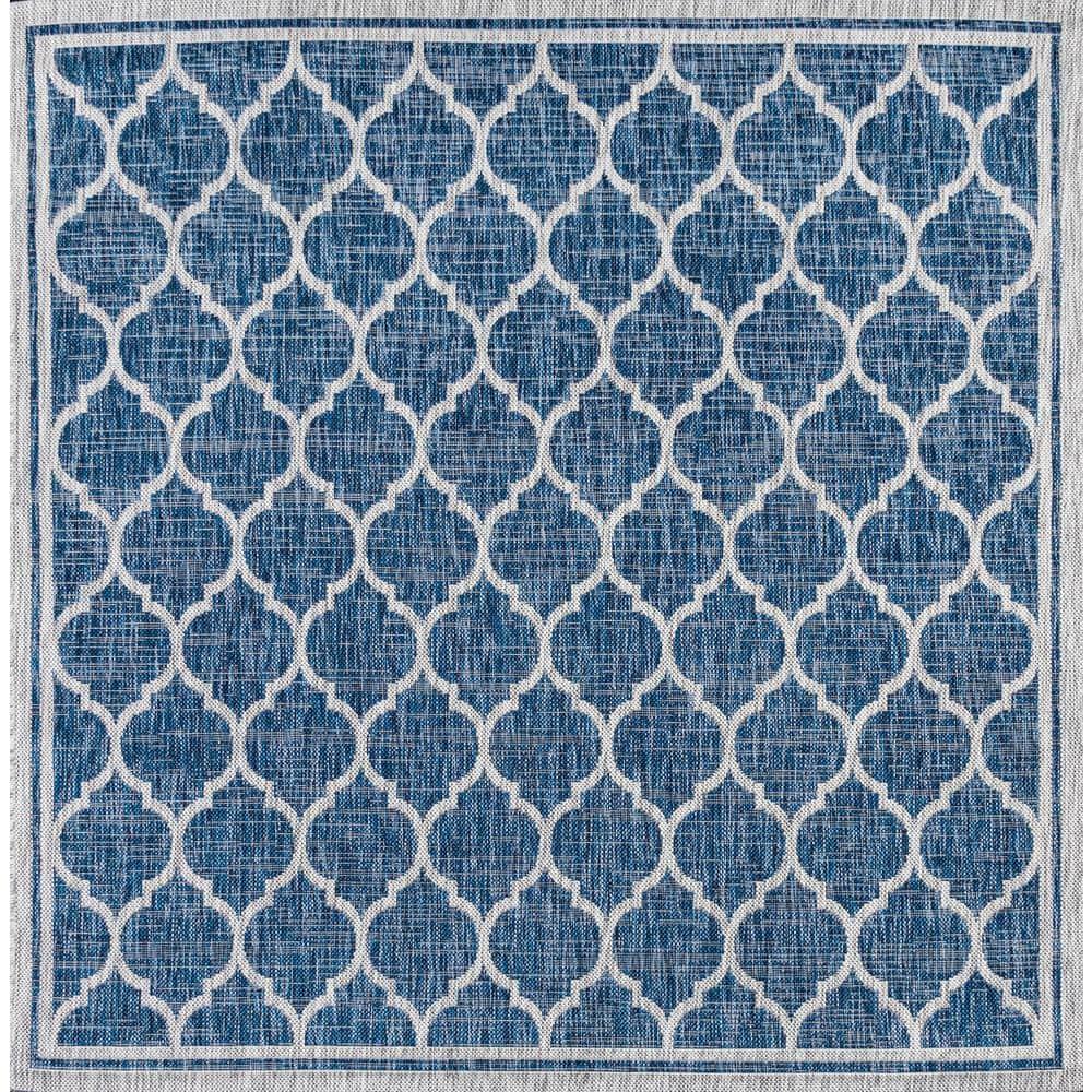 5' Square Trebol Moroccan Trellis Textured Weave Indoor/Outdoor Area Rug, Navy/Gray - JONATHAN Y