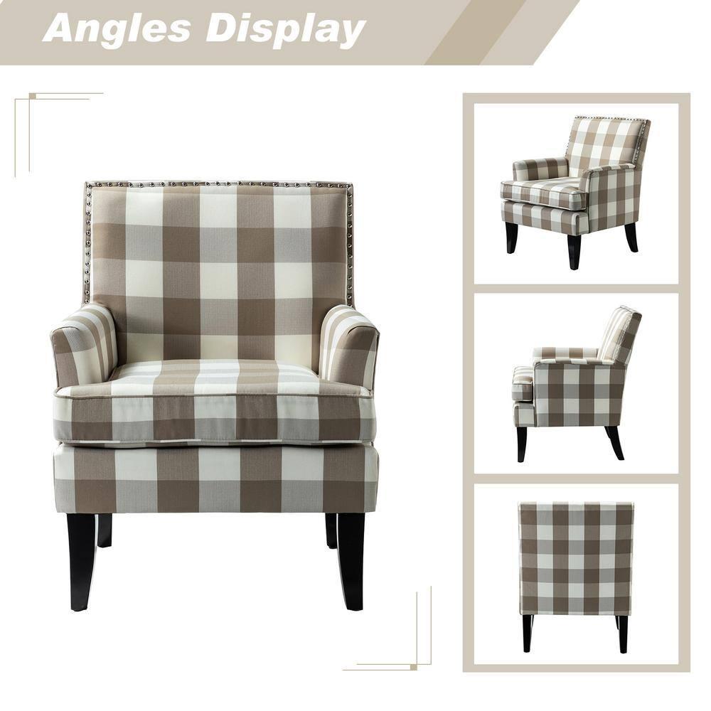 Upholstery Armchair Accent Chair Sofa Couch Wood Legs Nailhead Trim Home Living Room Bedroom Plaid Grey White