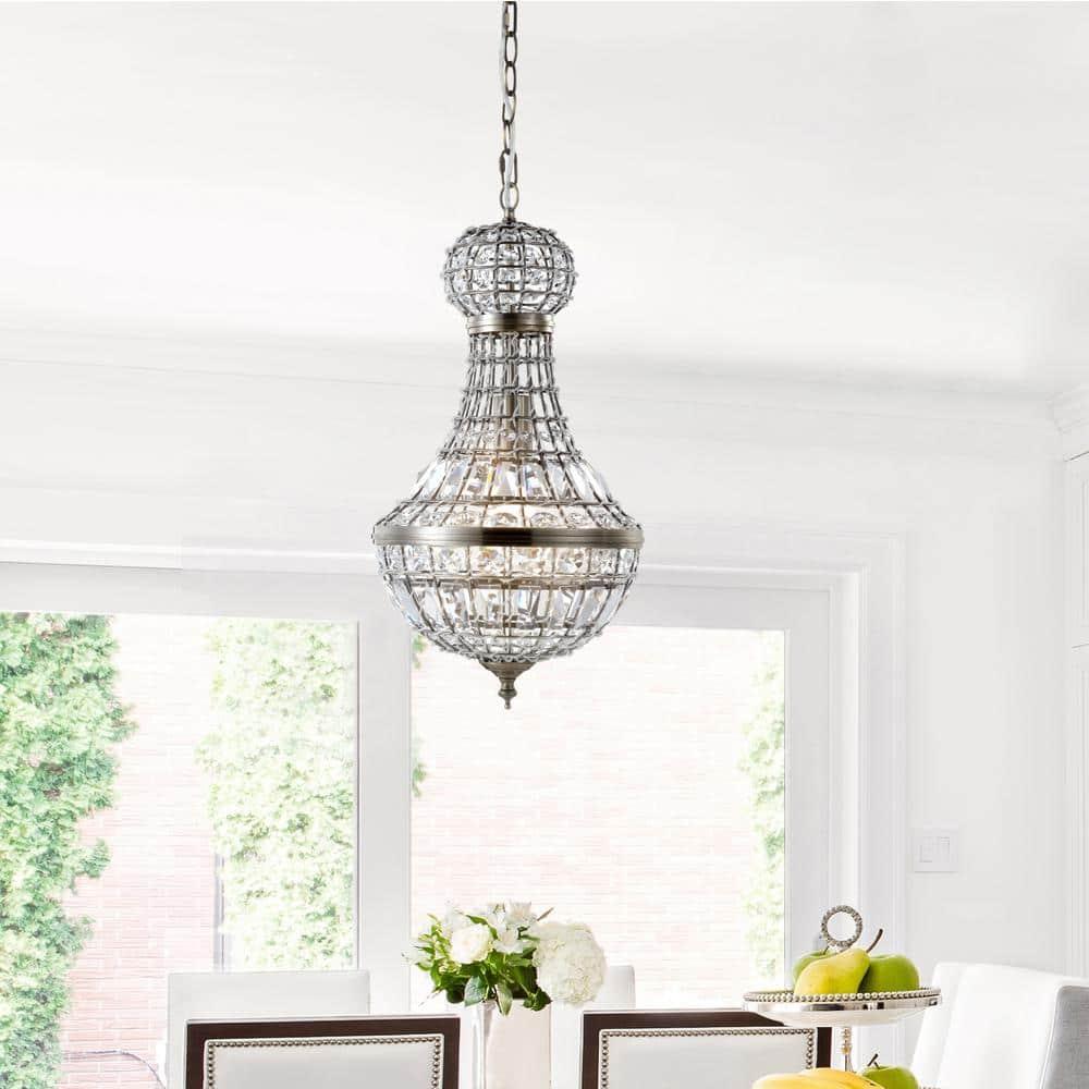 Regina 10" Crystal/Metal Empire LED Pendant, Antique Brass