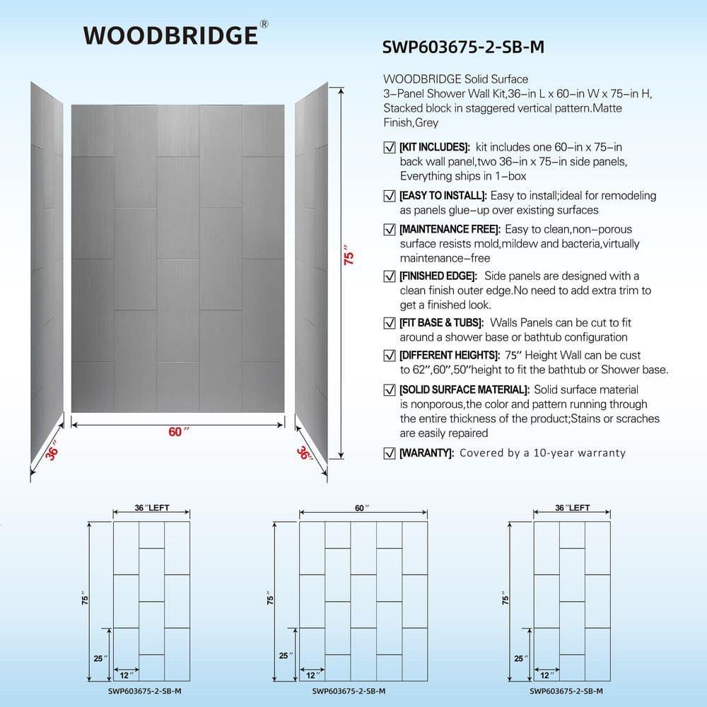 WoodBridge 75/96" H Solid Surface Shower & Tub Wall Panel, Surround, Quick Install, Cuttable, 0.138" thick