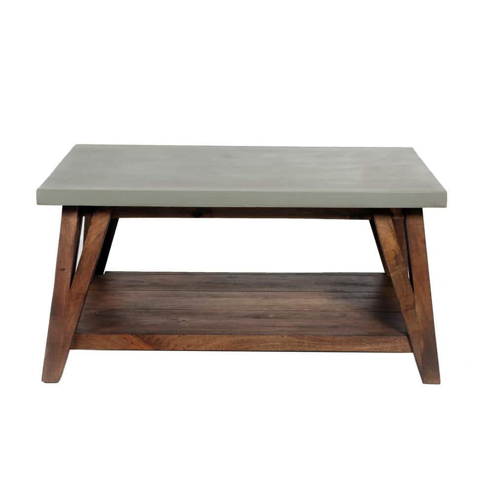 Alaterre Furniture 36" Brookside Coffee Table Concrete Coated Top and Wood Light Gray/Brown: Mid-Century Modern Design, Fixed Shelf