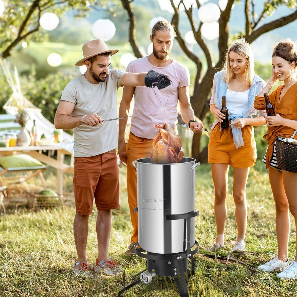 ROVSUN 50QT Turkey Fryer with Stainless Steel Boiler Steamer Basket & 54,000BTU Propane Burner, Outdoor Gas Deep Fryer & Seafood Crawfish Boil Pot Set with High Pressure Propane Regulator and Hose