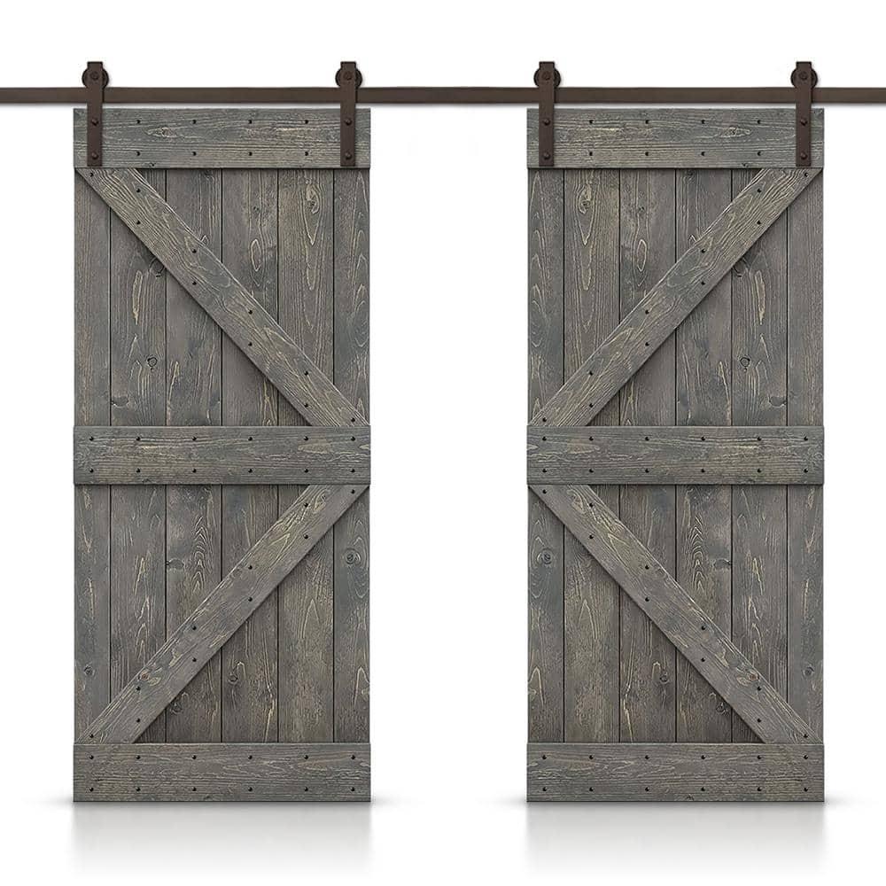 84 in Weather Gray Knotty Pine Wood Double Sliding Barn Door with Hardware Kit