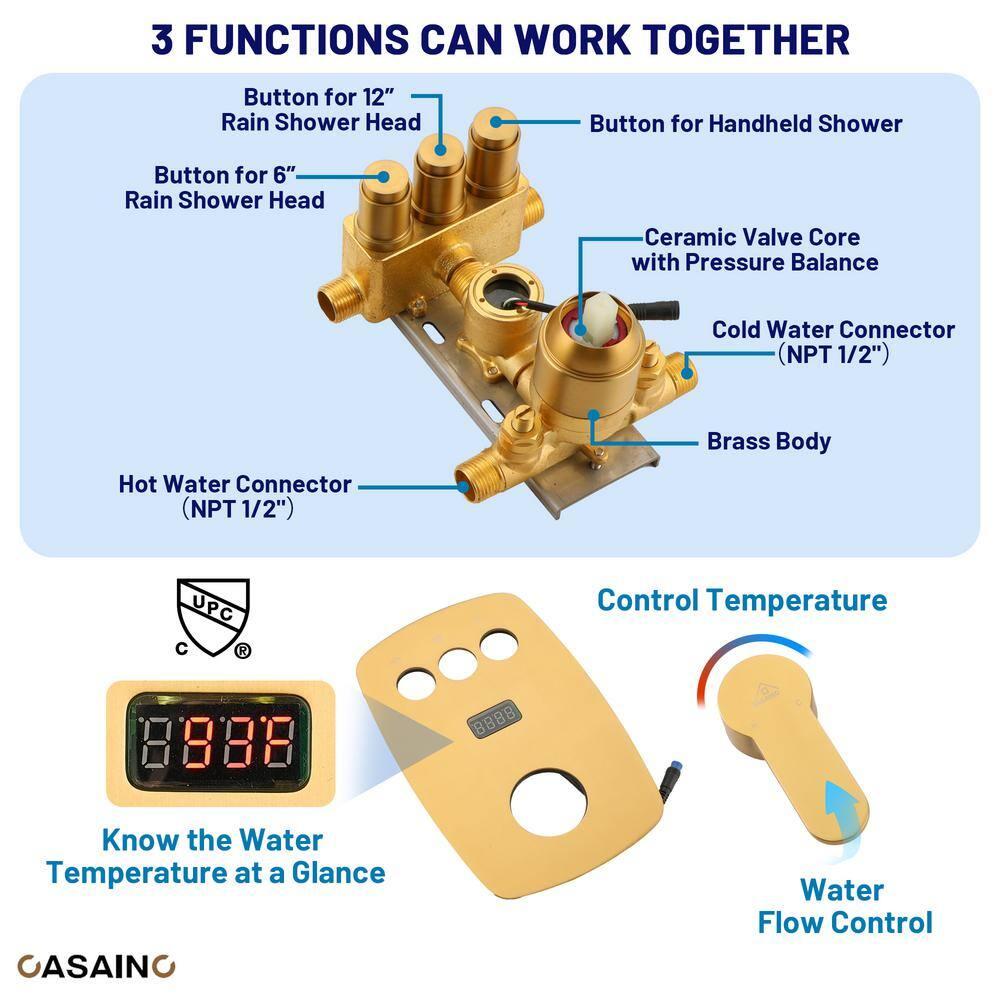 Rainfall Symphony 12inch Dual Showerhead Temperature Display Shower System with 2 in 1 Slider Bar Shower Handheld