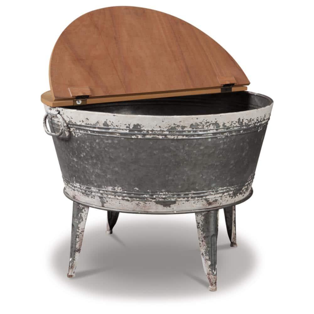 Distressed Metal Frame Cocktail Table with Hinged Lift Top Storage Brown/Gray - Benzara