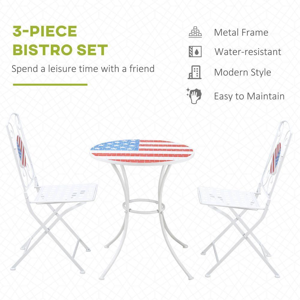 Outsunny 3 Piece Patio Bistro Set, Folding Outdoor Furniture with USA Mosaic Table and Chairs for 4th of July, Balcony, American Flag