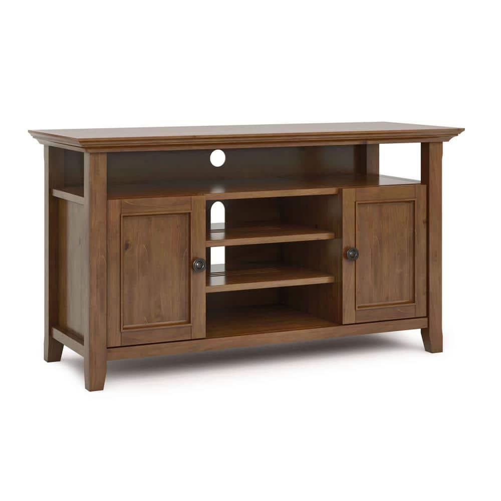 Simpli Home Amherst Wood TV Media Stand in Saddle Brown