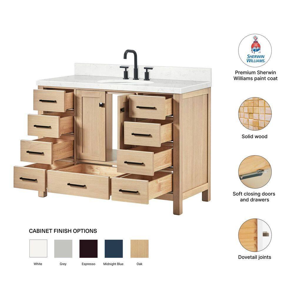 ARIEL Cambridge 48 Inch Single Oval Sink Bathroom Vanity With Carrara White Quartz Countertop 1.5 Inch Edge In Oak