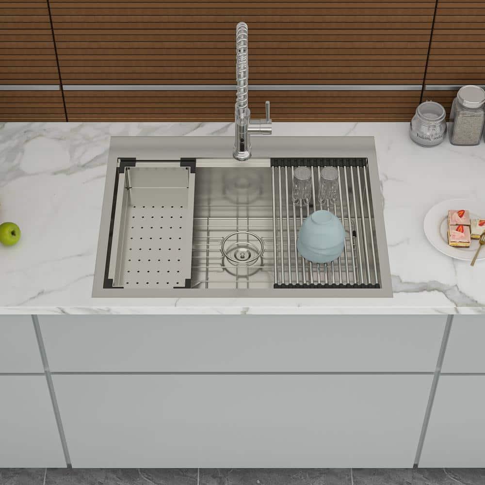 25"x22" Stainless Steel 18 Gauge Single Bowl Drop-In Workstation Kitchen Sink with All Accessories, 1-Pre-Drilled Faucet Hole