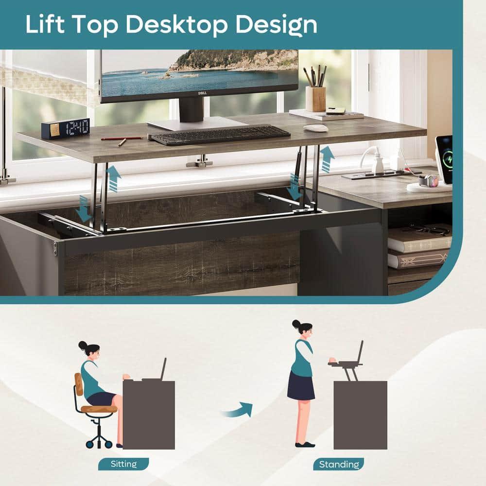 Bestier 60" L Shaped Desk with Power Outlets & Drawer, Lift Top Corner Computer Desk with Storage Shelves, Large Workstation for Home ,Gray