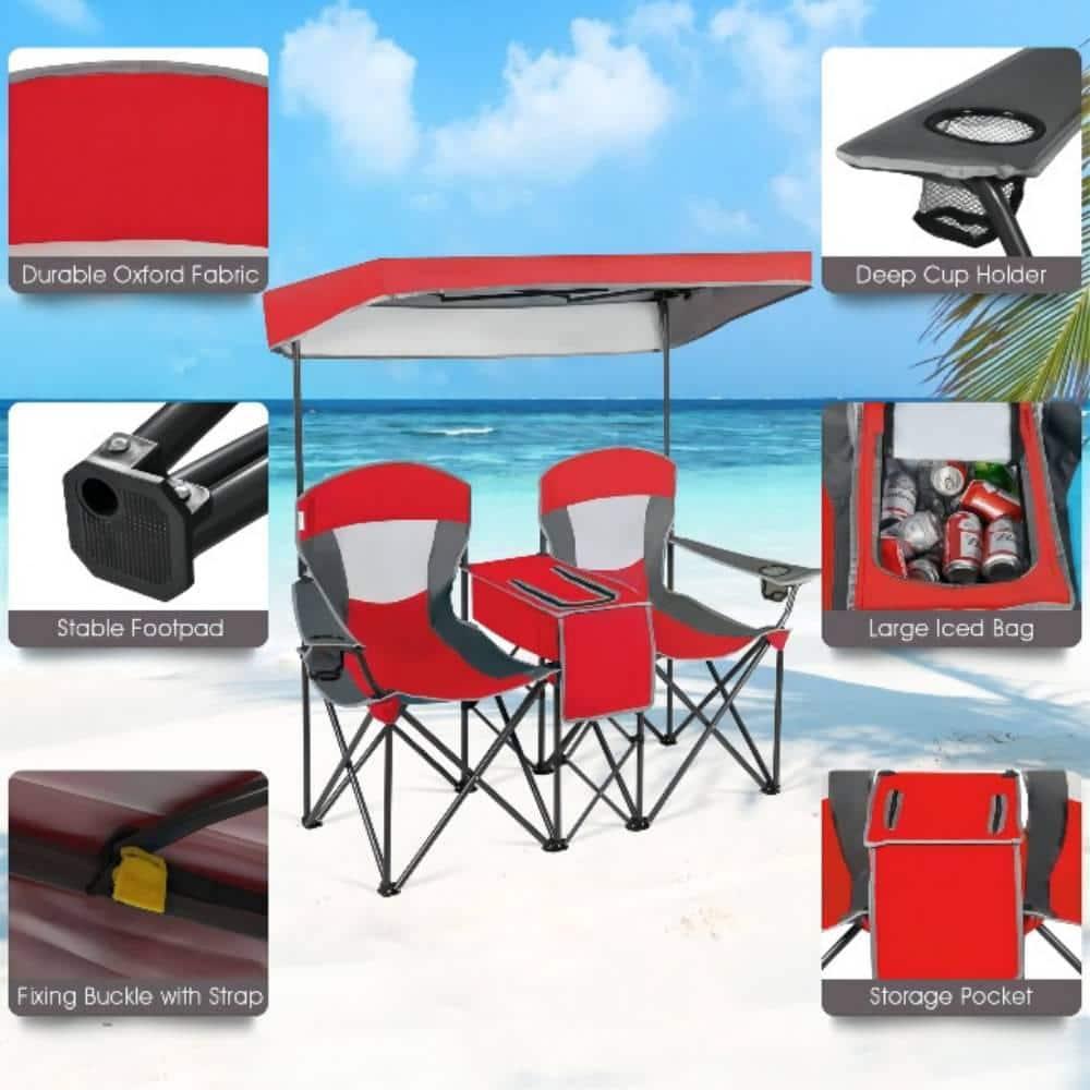 Costway Portable Folding Camping Canopy Chairs w/ Cup Holder Cooler Outdoor Red