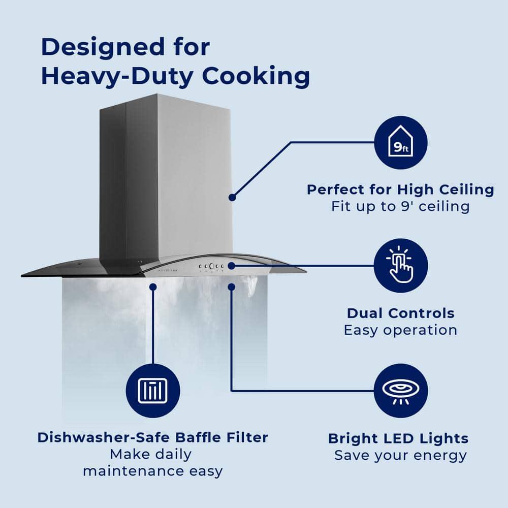 Hauslane 36" Stainless Steel 600 CFM Convertible Island Range Hood with Baffle Filter