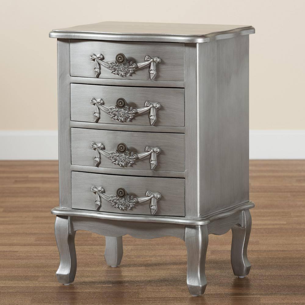 Callen Brushed Wood 4 Drawer Nightstand Silver - Baxton Studio
