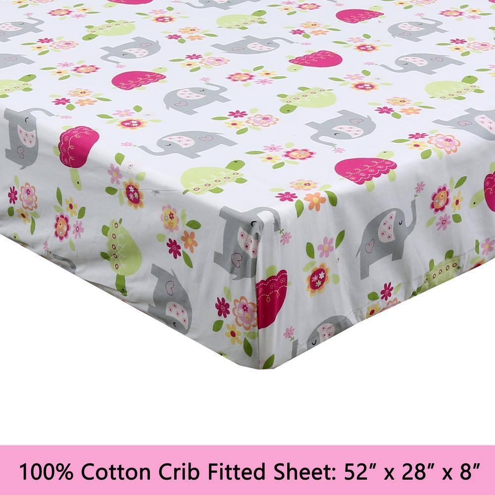 Sweet Floral Friends Baby Elephant Turtle 3 Piece White Pink Grey Cotton Toddler Sheet Set
