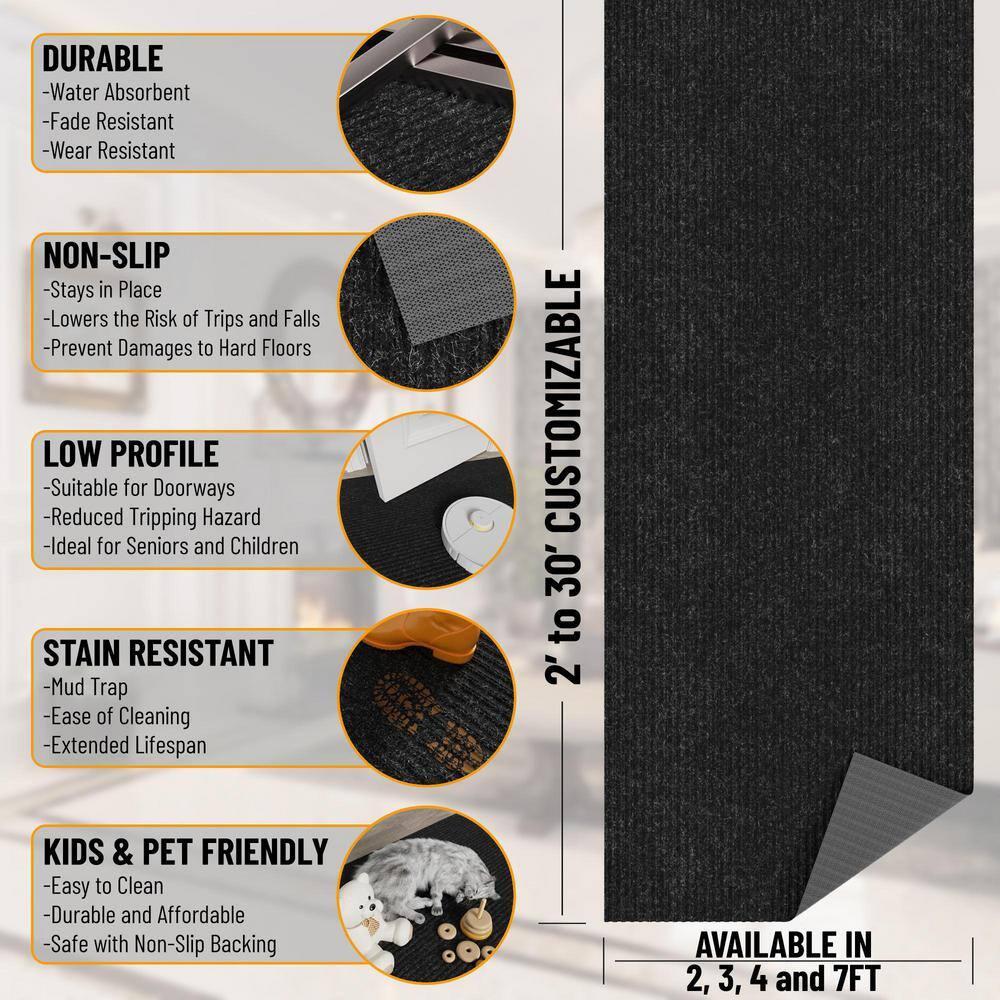 Ottomanson Non-Slip Hallway Runner Rug 2' x 7' Indoor/Outdoor Custom Size Utility Carpet for Garage, Black Ribbed