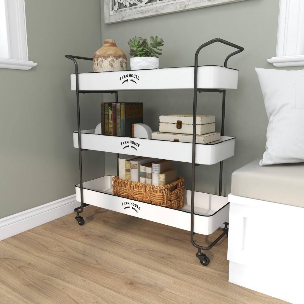 DecMode 32" x 35" White Metal Kitchen Rolling 3 Shelves Bar Cart with Black Accents and Farm House Design, 1-Piece