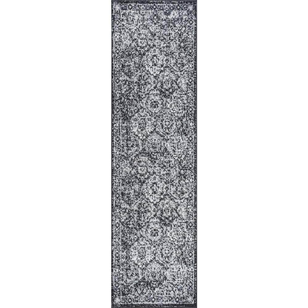 2' x 8' Modern Persian Boho Vintage Trellis Runner Rug, Black/Ivory - JONATHAN Y