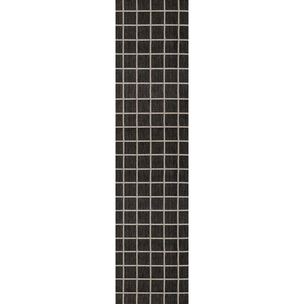 2' x 8' Grid Modern Squares Indoor/Outdoor Runner Rug, Black/Cream - JONATHAN Y