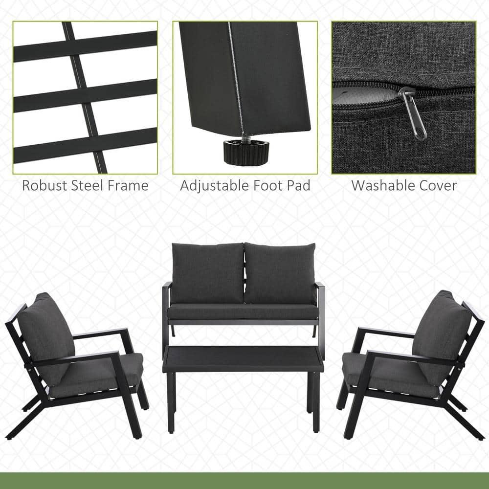 Outsunny 4 Piece Patio Furniture Set, Outdoor Conversation Set w/ Armchairs, Loveseat, Coffee Table and Cushions for Backyard, Poolside, Lawn