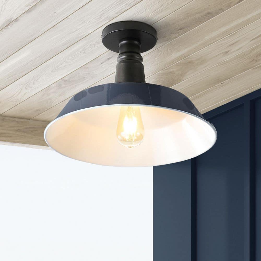 JONATHAN Y JYL7617C Camila 14" 1-Light Classic Industrial Indoor/Outdoor Iron LED Semi Flush Mount Mid-Century, Rustic 2700K Cozy Warm Light Kitchen Hallway Bathroom Stairwell, Navy/White