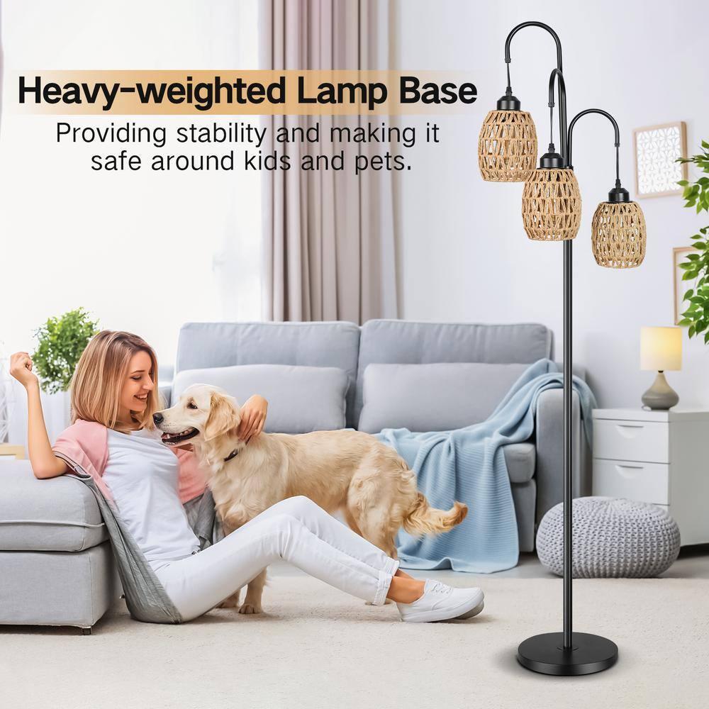 OUTON 69'' Tree Floor Lamp for Living Room Clearance, 3 Light Dimmable Tall Standing Lamp with Rattan Lampshade, Farmhouse Floor Lamp with 3 LED Bulbs for Bedroom Office, Boho