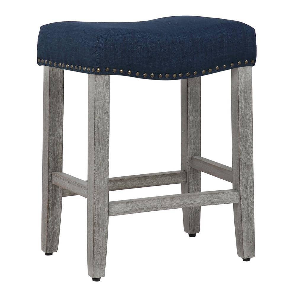 Polytrends Jameson Upholstered Polyester 24" Counter Stool - Gray Legs/ Saddle Seat Antique Gray/Navy Blue Wood Wood Foam 250lbs