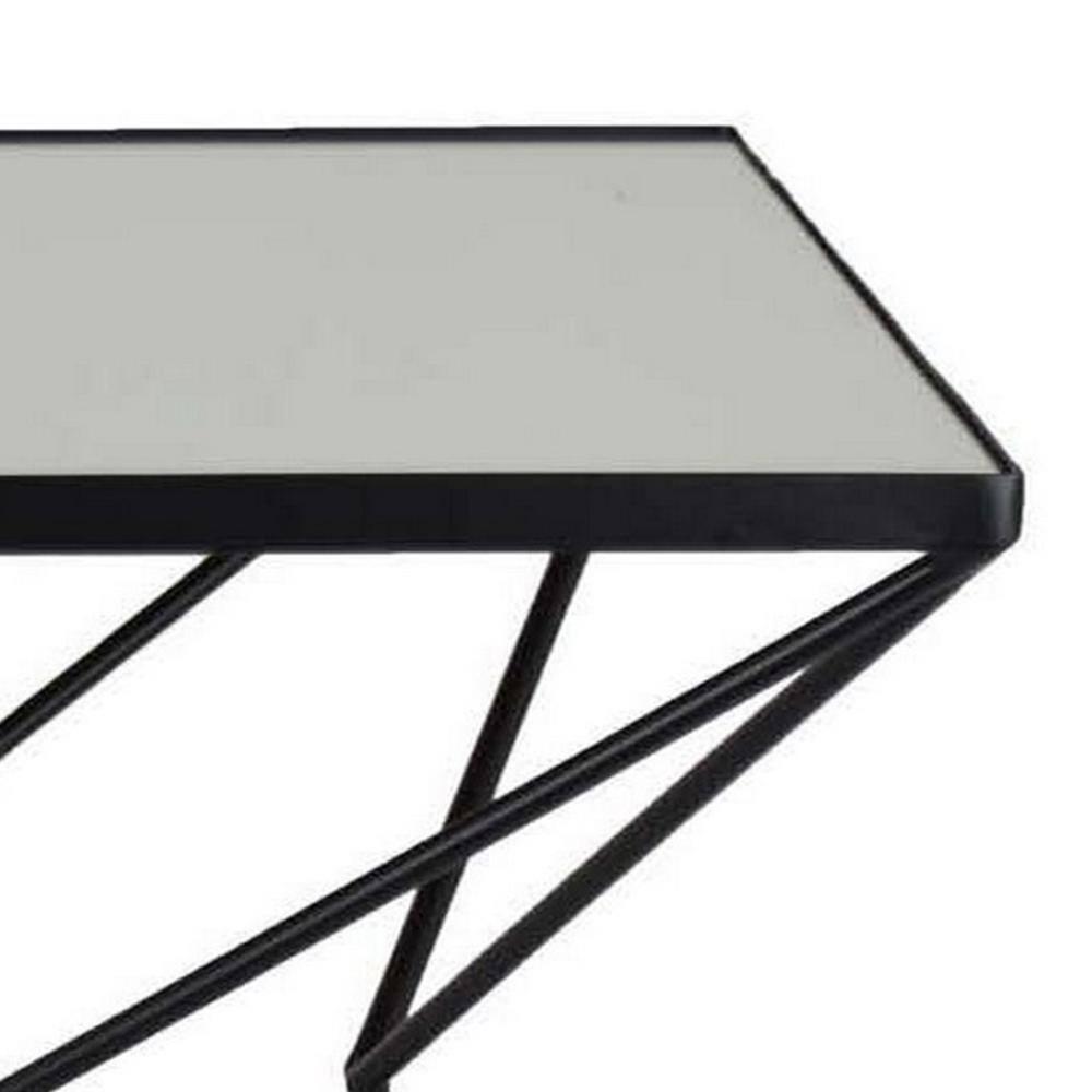 BenJara 21 Inch Plant Stand Side Table, Mirror Top, Black Geometric Metal Frame