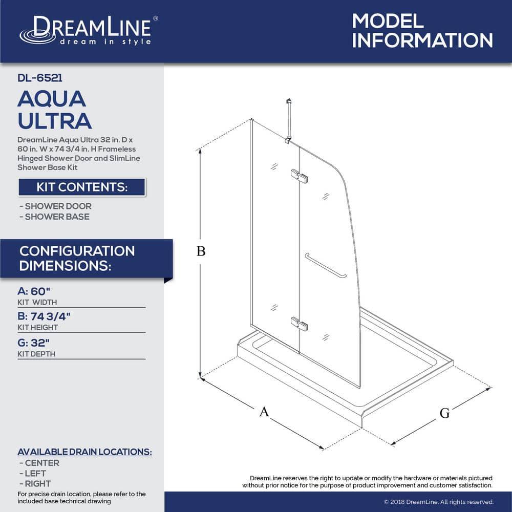 DreamLine Aqua Ultra 32 in. D x 60 in. W x 74 3/4 in. H Frameless Shower Door