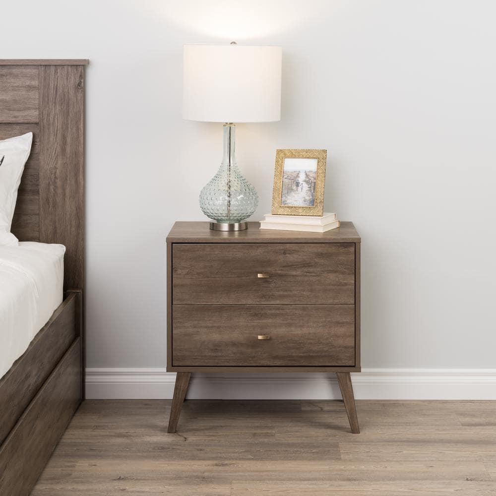 Prepac Mid Century Modern 2 Drawer Wide Nightstand Drifted Gray : Rubberwood Construction, Rectangle Shape, 25" Height
