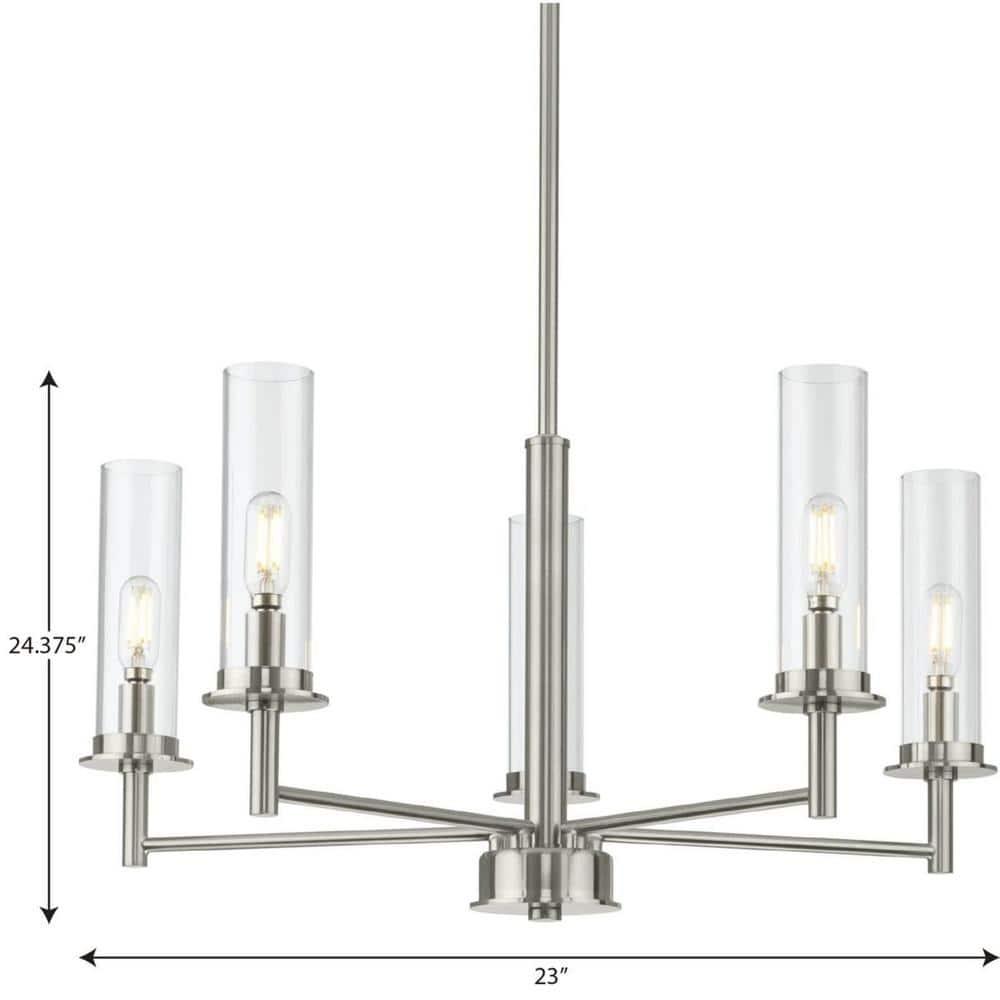 Progress Lighting Kellwyn 5-Light Chandelier, Brushed Nickel, Clear Glass Shade