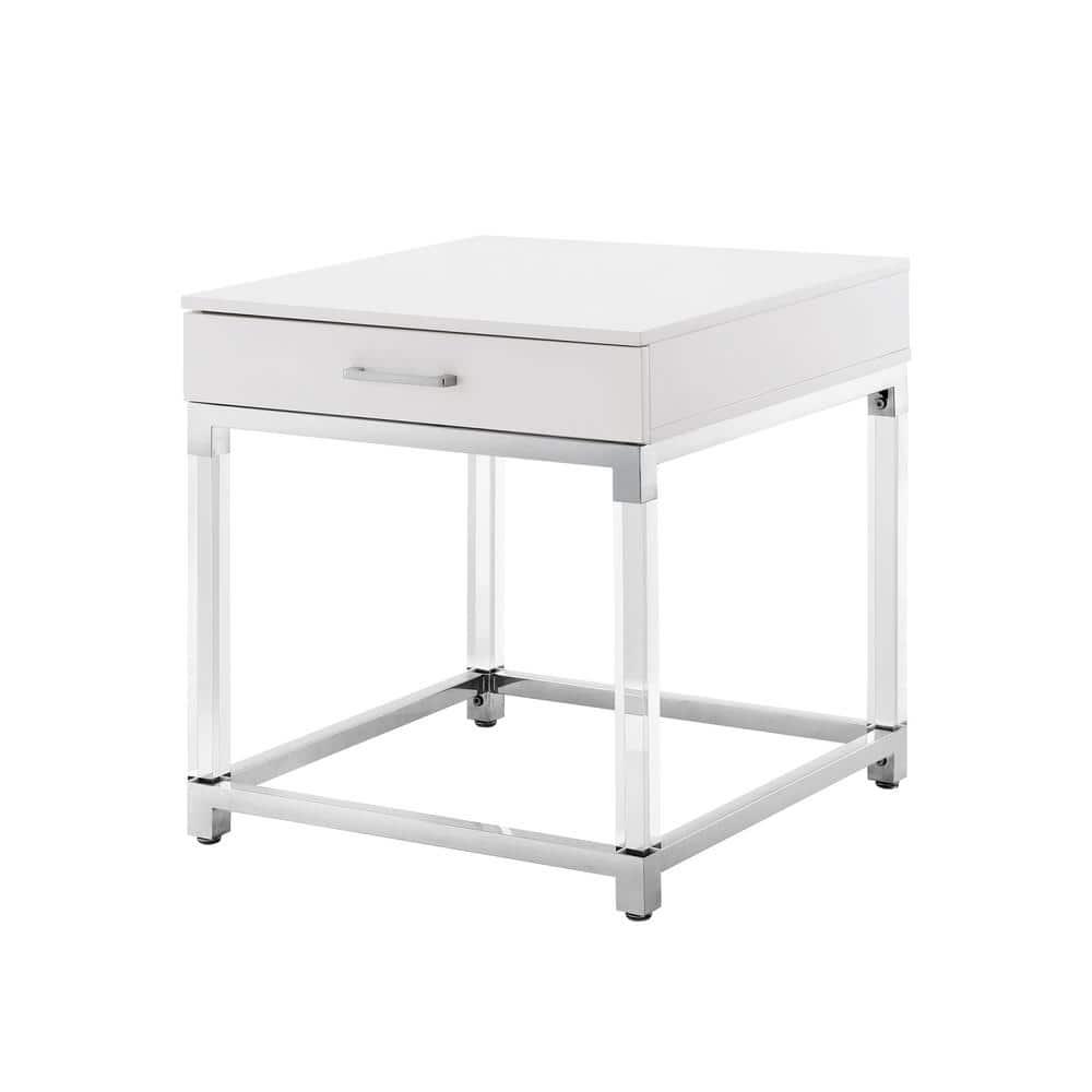 Posh Living Briar 1-Drawer Metal End Table with Acrylic Legs - White/Chrome