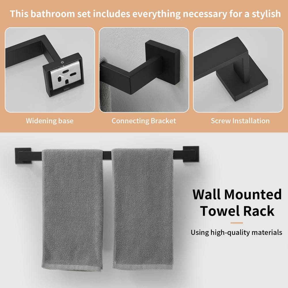 BWE 5 Pieces Matte Black Bathroom Hardware Set SUS304 Stainless Steel Include 21.9" Towel Bar,Hand Towel Holder,Toilet Paper Holder and 2 Robe Hook Square Bathroom Accessories Set Wall Mounted