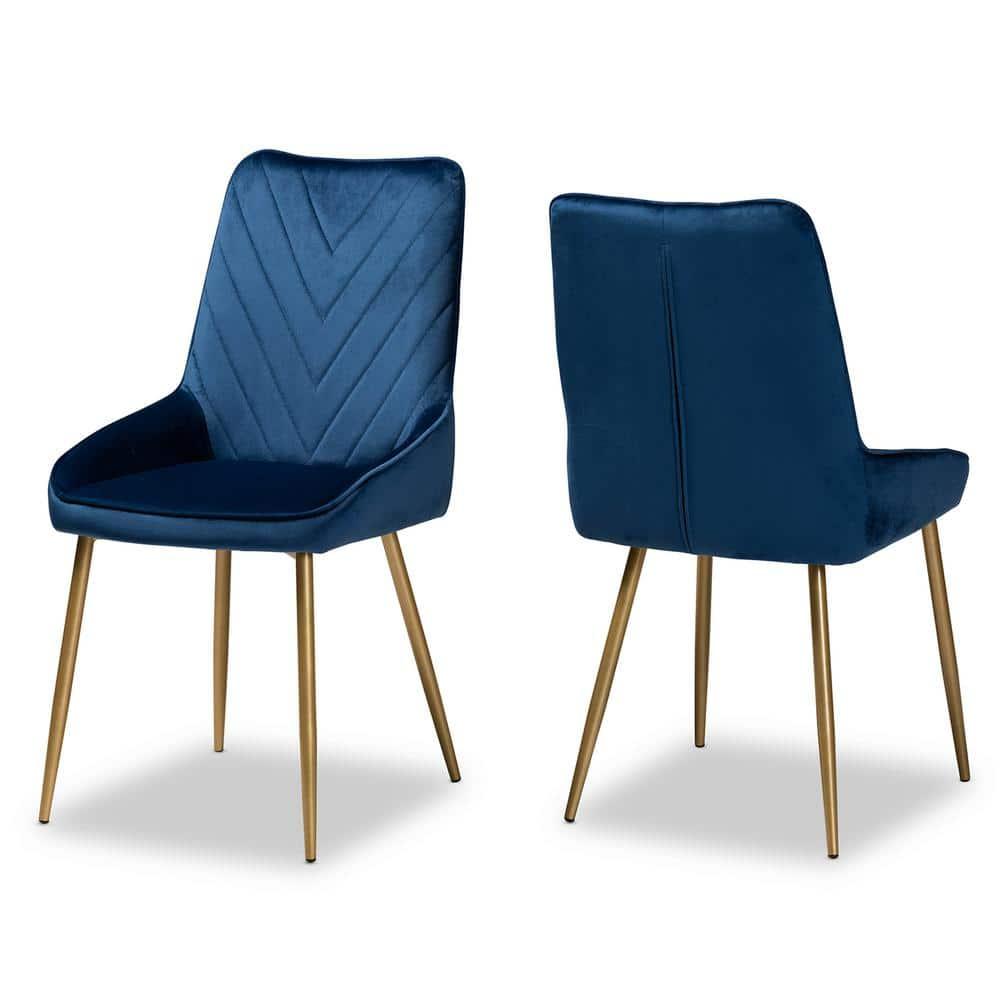 2pc Priscilla Velvet Fabric Upholstered Metal Dining Chair Set Navy Blue/Gold - Baxton Studio