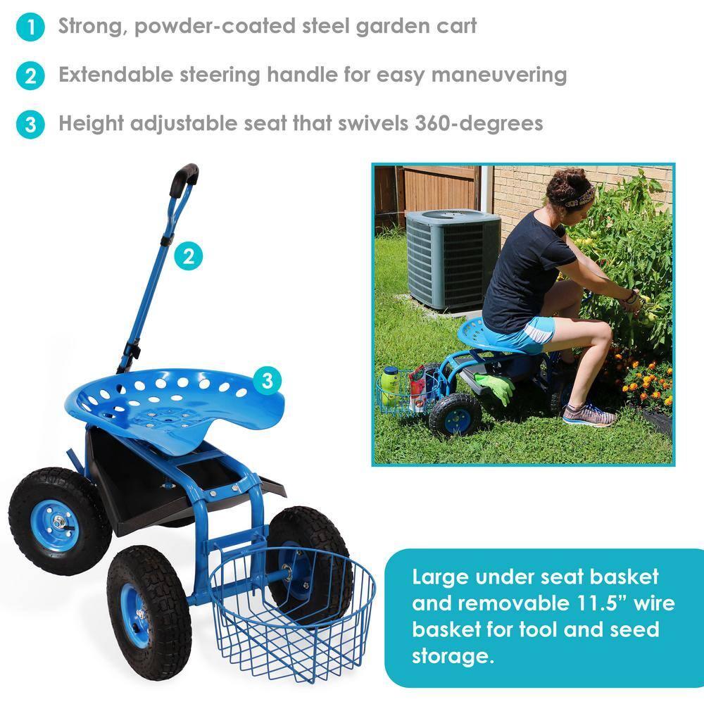 Sunnydaze Outdoor Heavy-Duty Steel Rolling Gardening Cart with Extendable Steer Handle, Swivel Chair, Tool Tray, and Basket - Blue