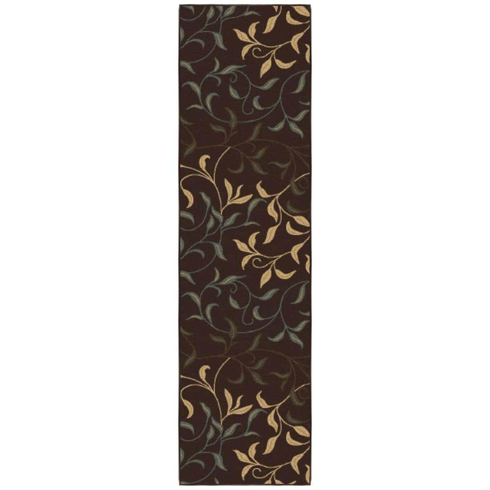 Ottohome Non-Slip Leaves Area Rug For Living Room, Hallway Runner, Entryway Rug, Brown